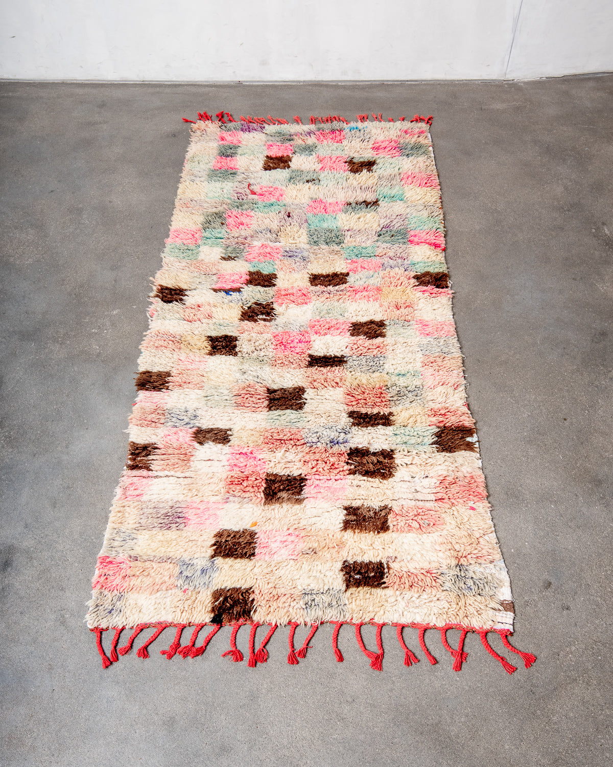 Modern, designer, handcrafted Berber runner rug from Morocco. Vintage carpet with beautiful colours and patterns and fluffy texture.